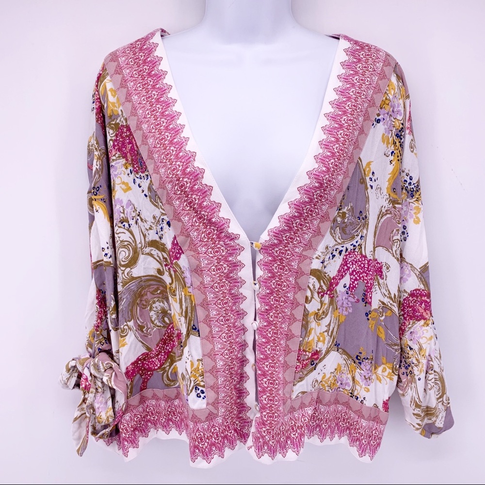 Free People Pink Multi-Color Printed V-Neck Top